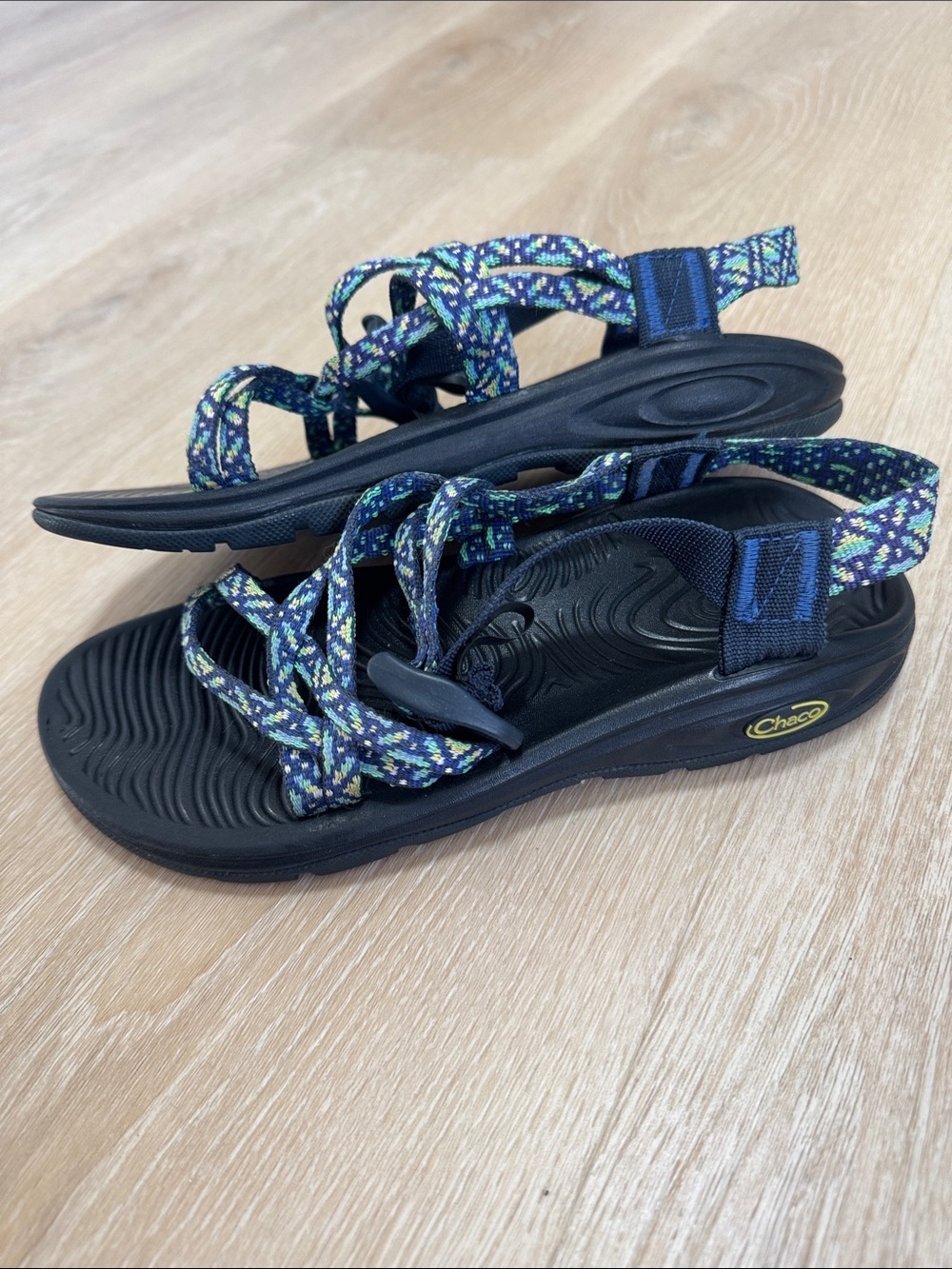 Chaco Navy Blue Sandals with Multicolor Patterned Straps - Picture 2 of 4